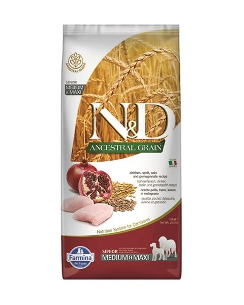 Farmina N&D dog AG senior medium & maxi, chicken, spelt, oats & pomegranate 12 kg